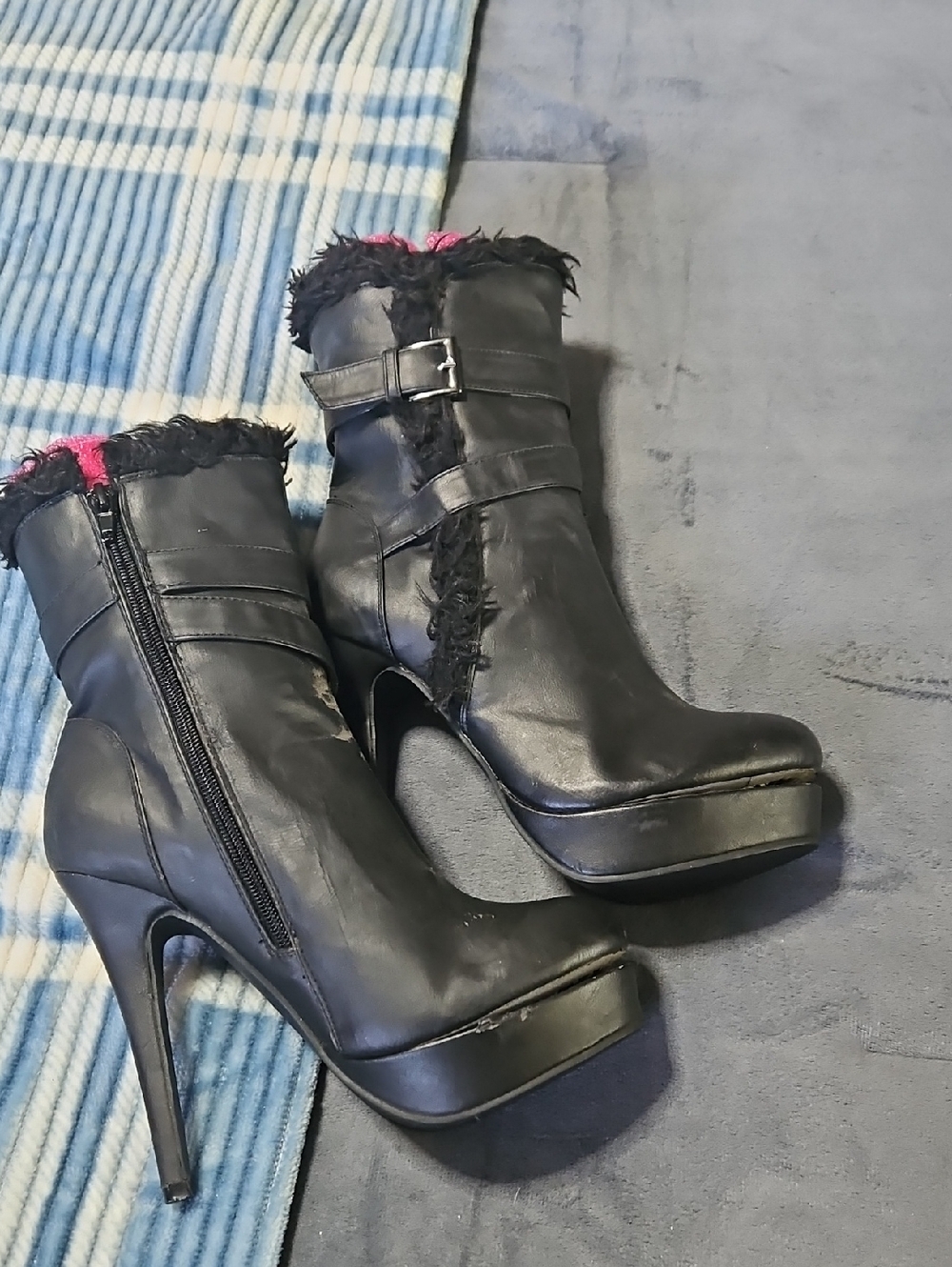 Black Faux-Leather High Heel Ankle Boots with Pink Lining